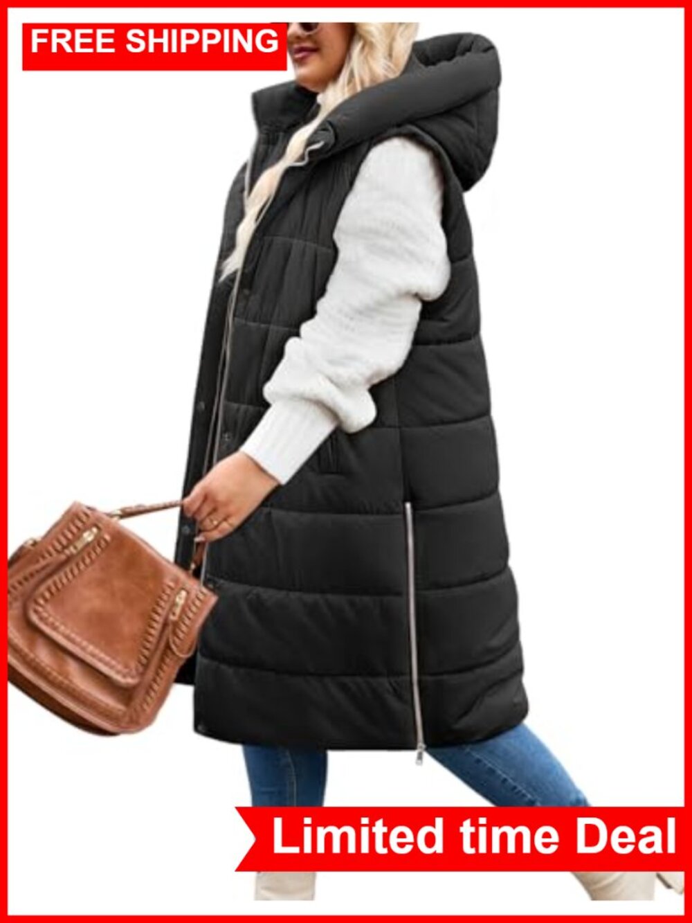 Plus Size Quilted Puffer Vest Long Hooded Sleeveless Winter